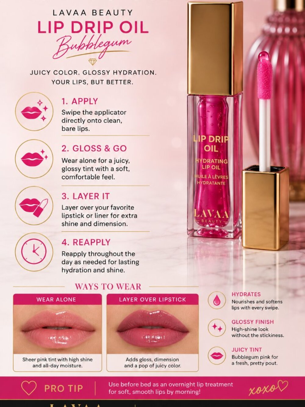 LAVAA Beauty Lip Drip Oil Bubblegum Hydrating Pink Lip Oil 8ml Full Size - Picture 2 of 2